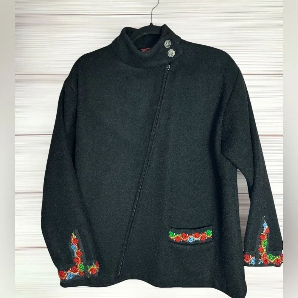 Vintage Norwey Boiled Wool Jacket O.A Devolds Sonner Black Embroidered Zip Front